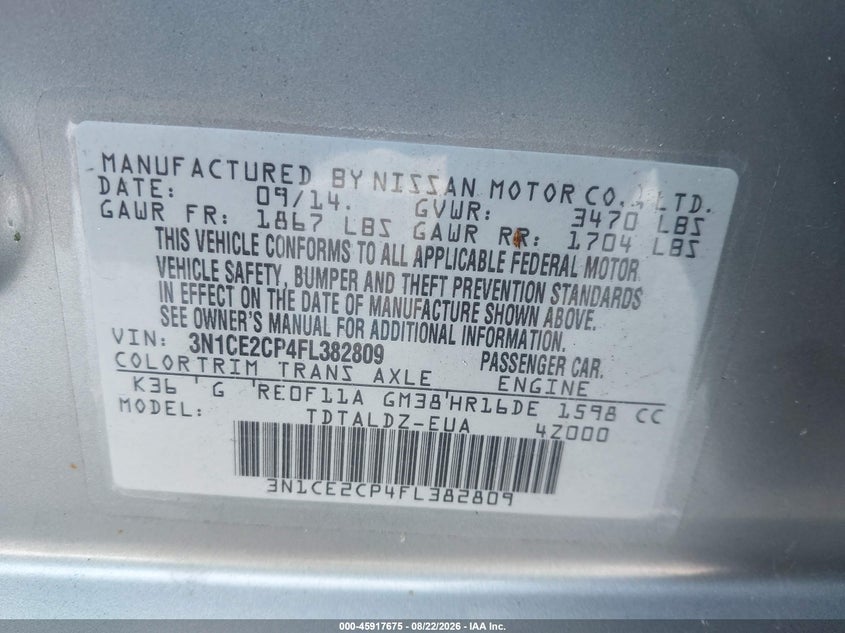 NISSAN VERSA NOTE 2015 VIN 3N1CE2CP4FL382809