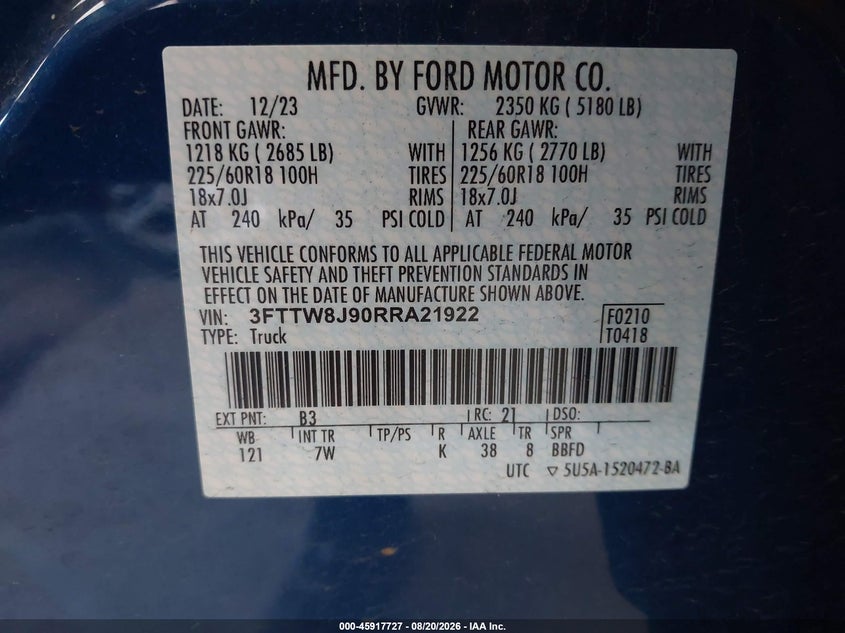 FORD MAVERICK 2024 VIN 3FTTW8J90RRA21922