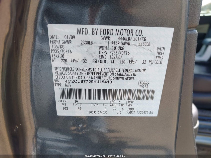 MERCURY MARINER 2009 VIN 4M2CU87729KJ15410