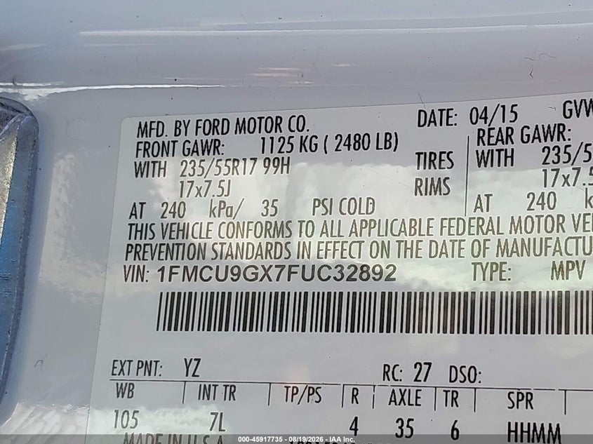 2015 FORD ESCAPE SPORT UTILITY VEHICLE 1.6L I-4 DI, DOHC, VVT, TURBO, 173HP