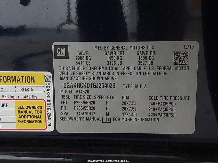 BUICK ENCLAVE 2016 VIN 5GAKRCKD1GJ254029