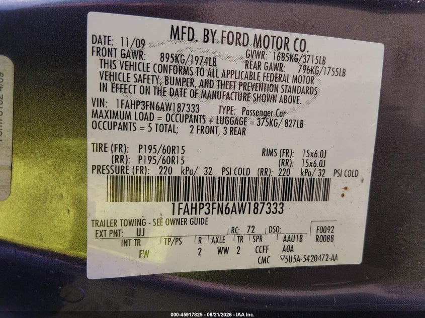 FORD FOCUS 2010 VIN 1FAHP3FN6AW187333
