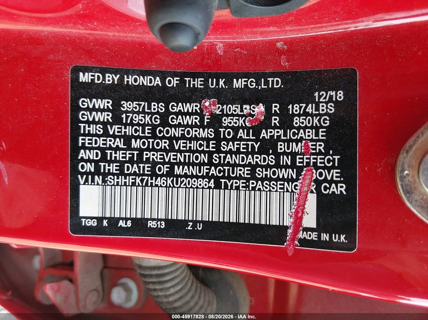 HONDA CIVIC 2019 VIN SHHFK7H46KU209864