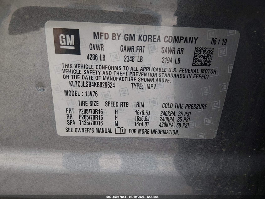 CHEVROLET TRAX 2019 VIN KL7CJLSB4KB929624