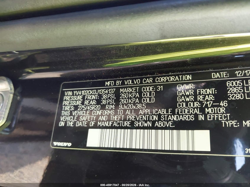 VOLVO XC90 2018 VIN YV4102CK0J1354137