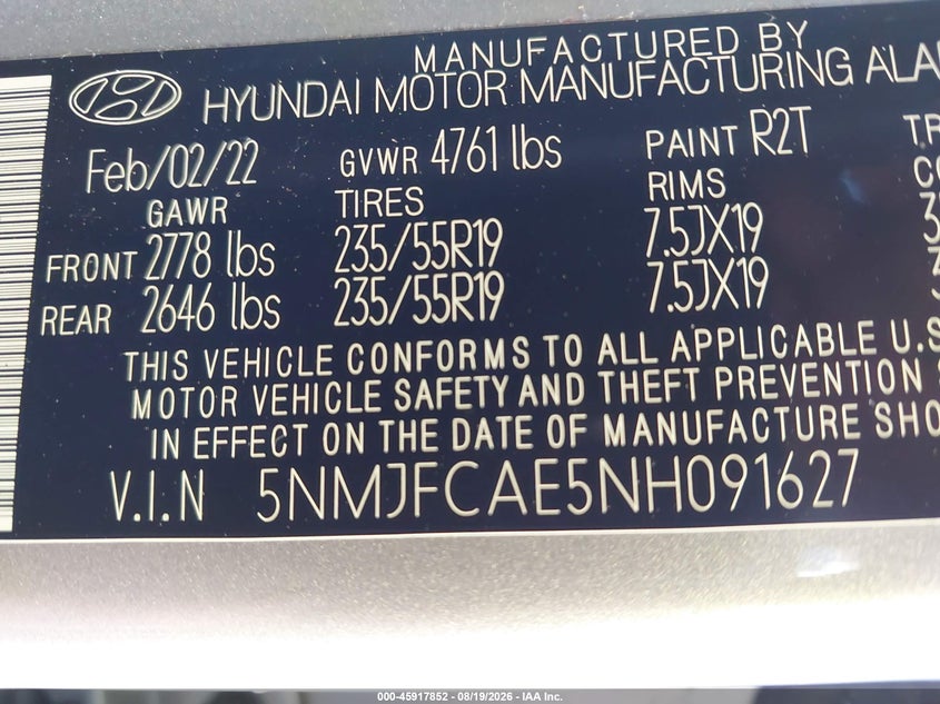 HYUNDAI TUCSON 2022 VIN 5NMJFCAE5NH091627