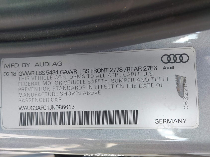 AUDI A6 2018 VIN WAUG3AFC1JN086613