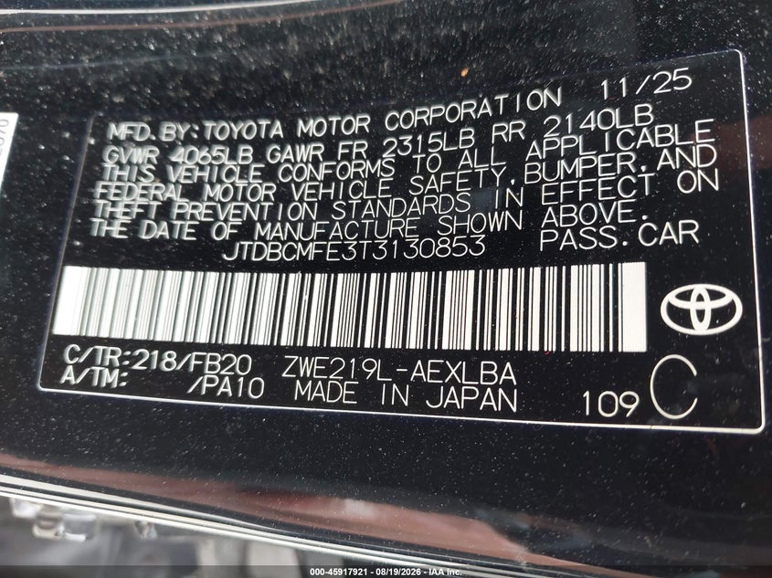 TOYOTA COROLLA HYBRID 2026 VIN JTDBCMFE3T3130853