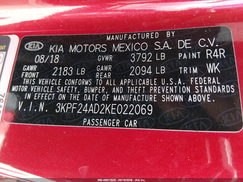 KIA FORTE 2019 VIN 3KPF24AD2KE022069