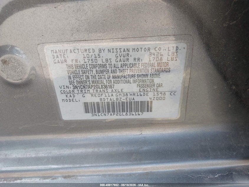 NISSAN VERSA 2016 VIN 3N1CN7AP2GL836167
