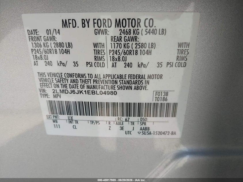 LINCOLN MKX 2014 VIN 2LMDJ6JK1EBL04980