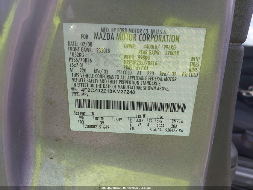 MAZDA TRIBUTE 2008 VIN 4F2CZ02Z18KM27248