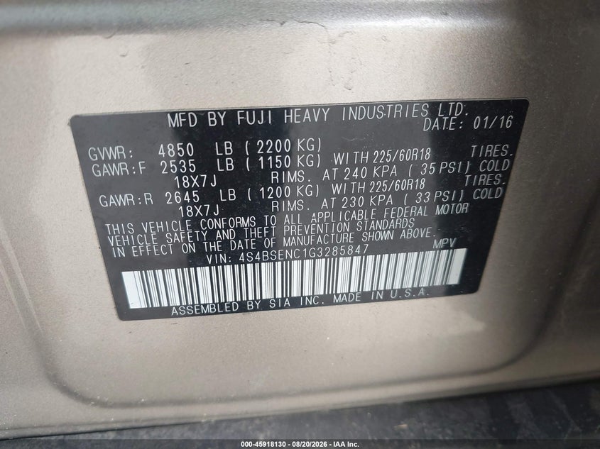 SUBARU OUTBACK 2016 VIN 4S4BSENC1G3285847