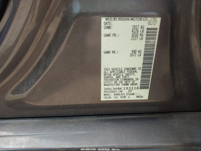 NISSAN ALTIMA 2017 VIN 1N4AL3AP8HC193118