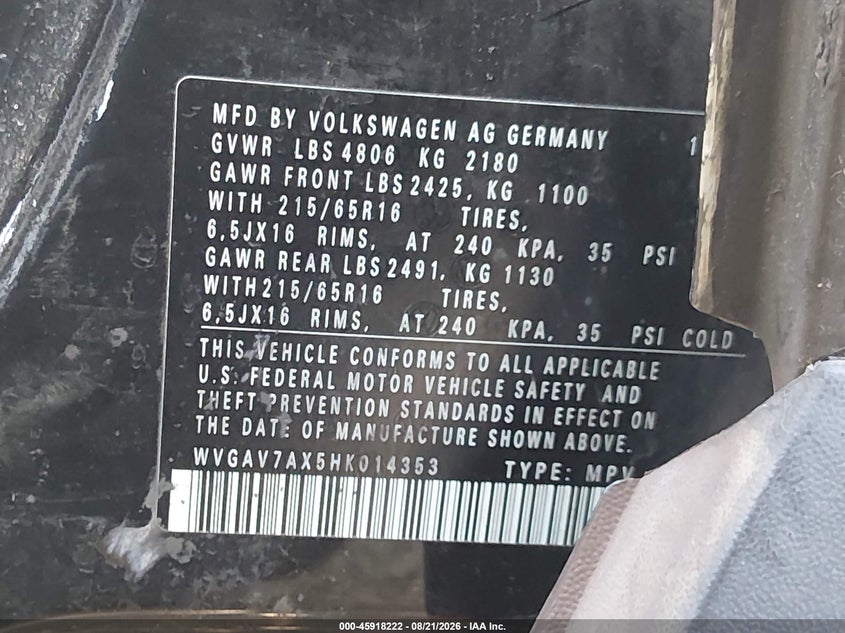 VOLKSWAGEN TIGUAN 2017 VIN WVGAV7AX5HK014353