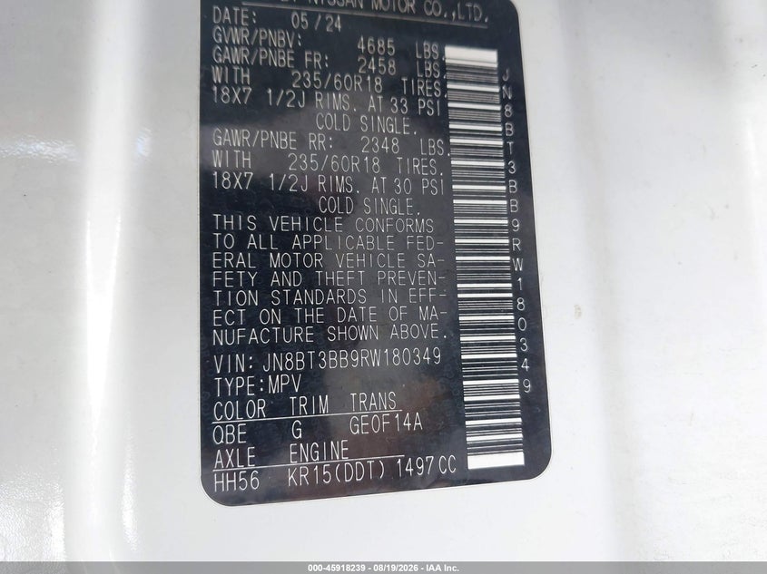 NISSAN ROGUE 2024 VIN JN8BT3BB9RW180349