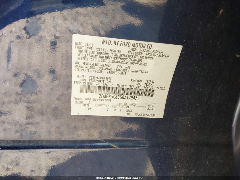FORD FLEX 2016 VIN 2FMGK5C88GBA17947