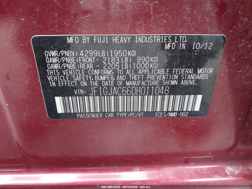 SUBARU IMPREZA 2013 VIN JF1GJAC66DH011048