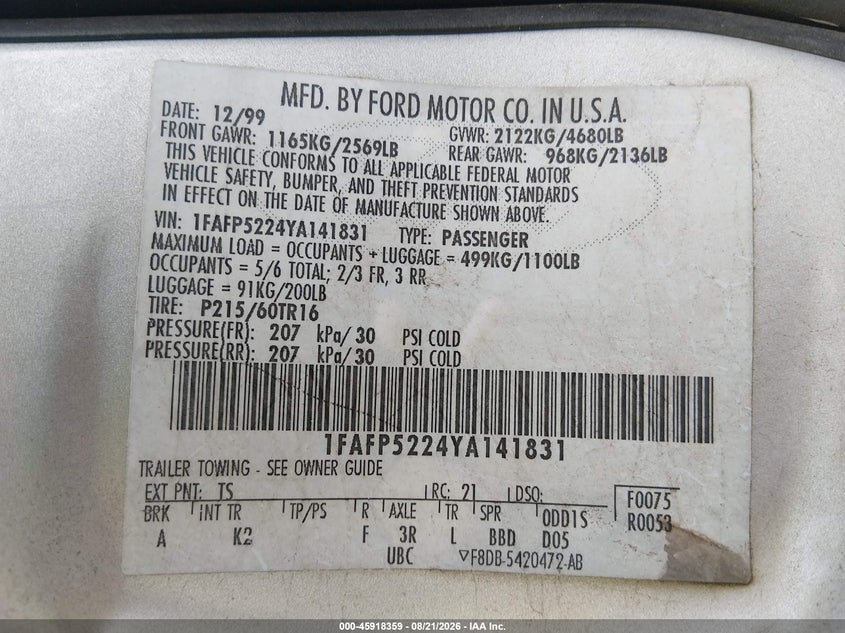 FORD TAURUS 2000 VIN 1FAFP5224YA141831