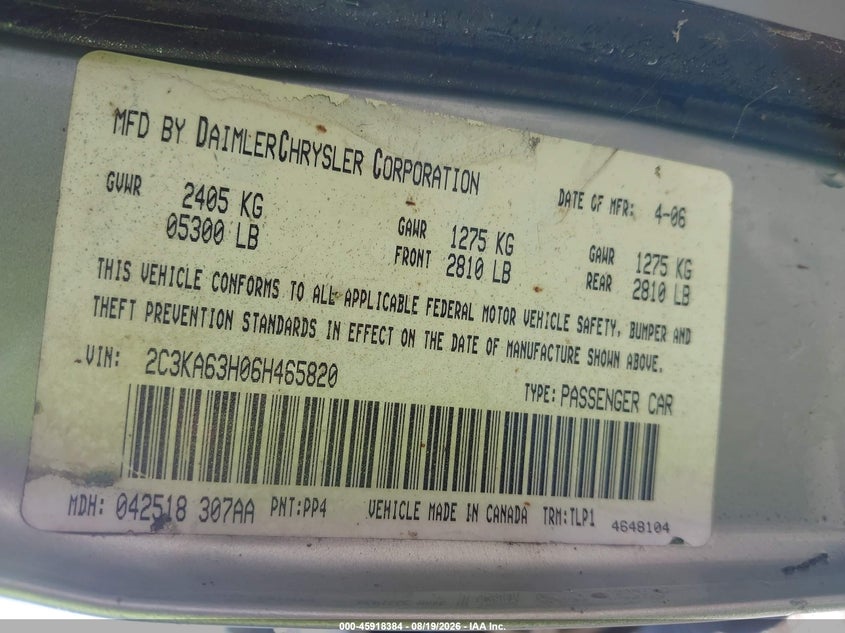CHRYSLER 300C 2006 VIN 2C3KA63H06H465820