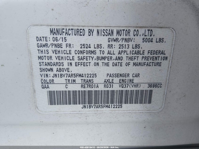 INFINITI Q50 2015 VIN JN1BV7AR5FM412225