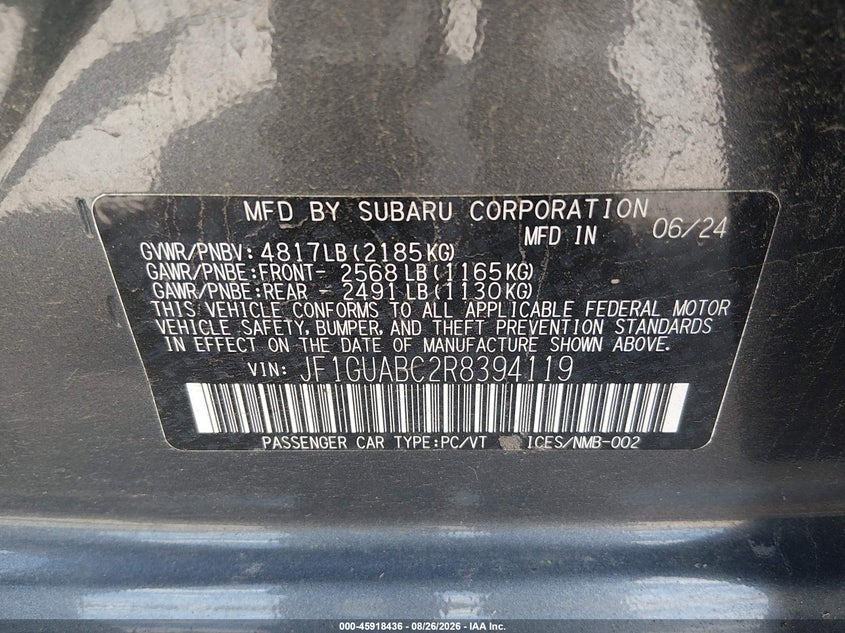 SUBARU IMPREZA 2024 VIN JF1GUABC2R8394119