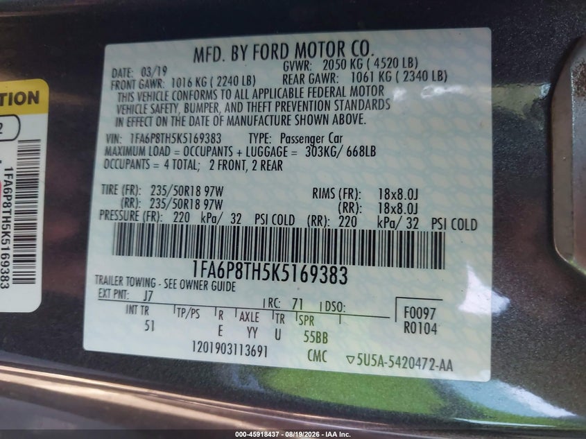 2019 FORD MUSTANG COUPE 2.3L I-4 DI, DOHC, VVT, TURBO, 310HP