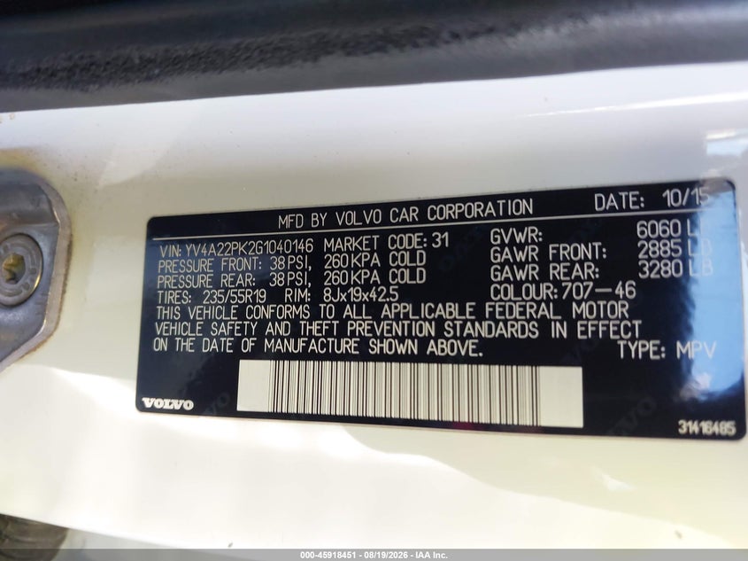 VOLVO XC90 2016 VIN YV4A22PK2G1040146