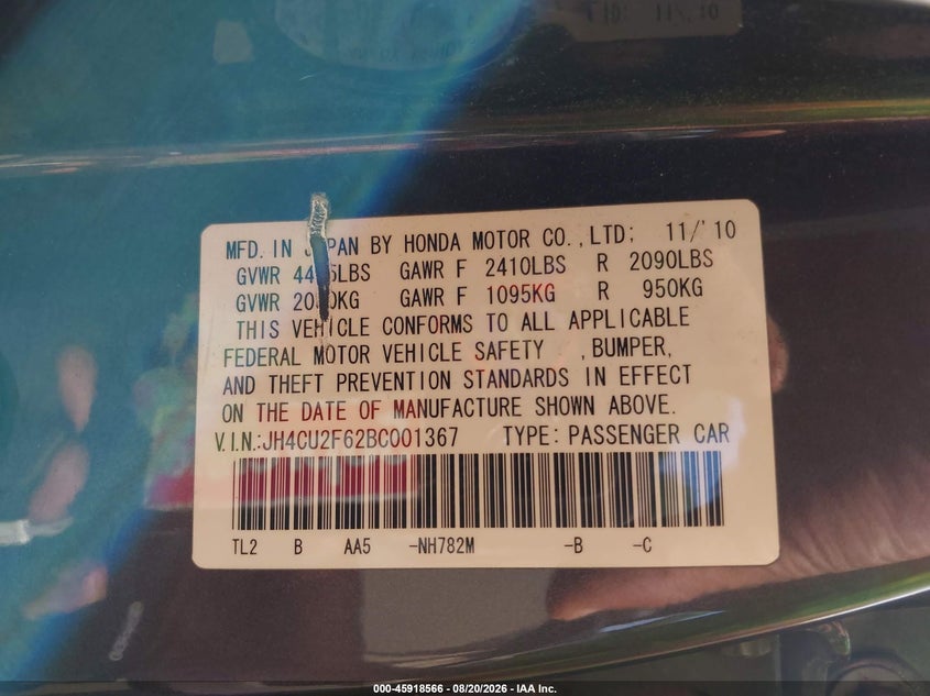 2011 ACURA TSX SEDAN 2.4L I-4 DOHC, VVT, 201HP