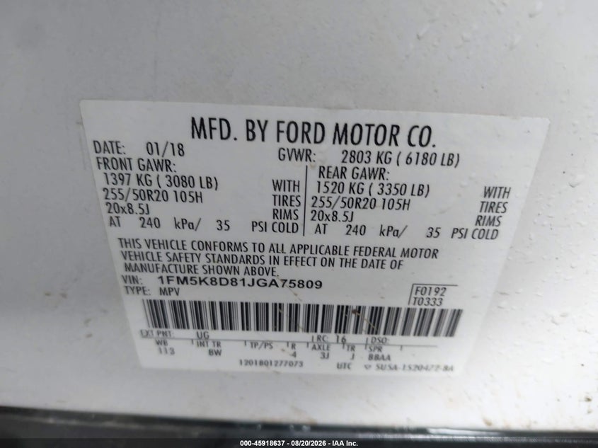 FORD EXPLORER 2018 VIN 1FM5K8D81JGA75809