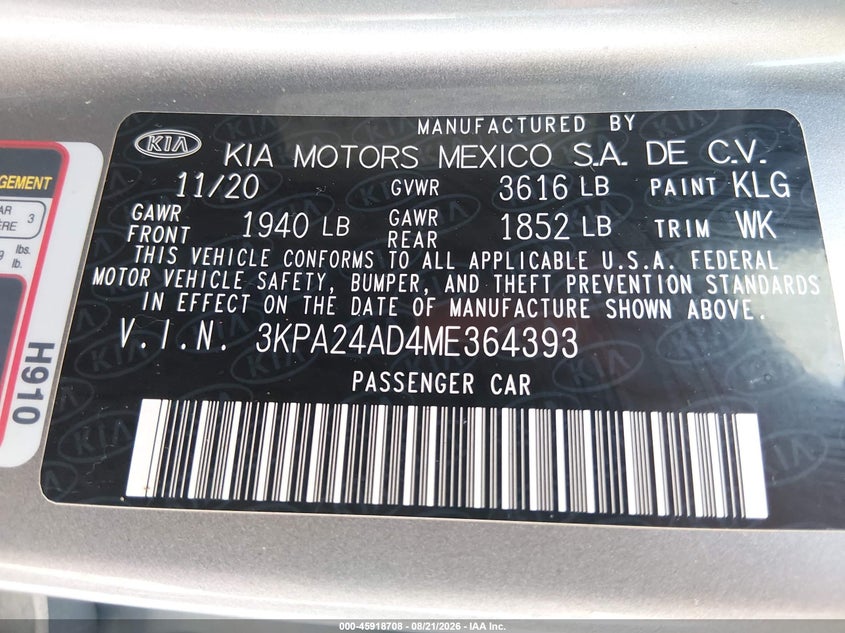 KIA RIO 2021 VIN 3KPA24AD4ME364393