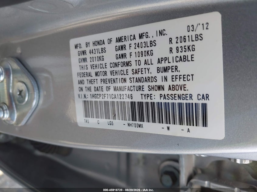 2012 HONDA ACCORD SEDAN 2.4L I-4 DOHC, VVT, 190HP
