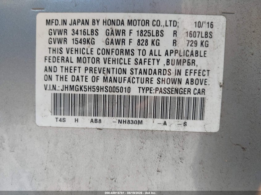 HONDA FIT 2017 VIN JHMGK5H59HS005010