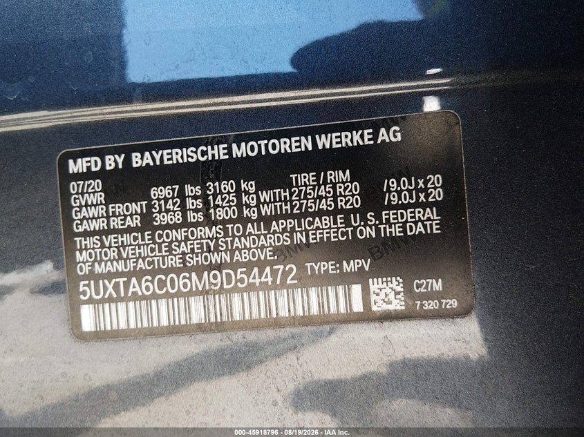 BMW X5 PHEV 2021 VIN 5UXTA6C06M9D54472
