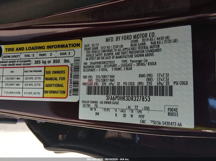 FORD FUSION 2013 VIN 3FA6P0HR3DR327853
