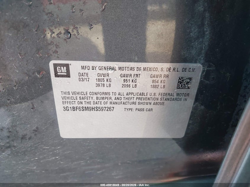 CHEVROLET CRUZE 2017 VIN 3G1BF6SM9HS597267