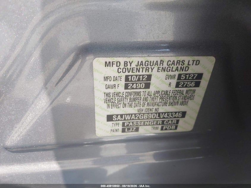 JAGUAR XJ 2013 VIN SAJWA2GB9DLV43346