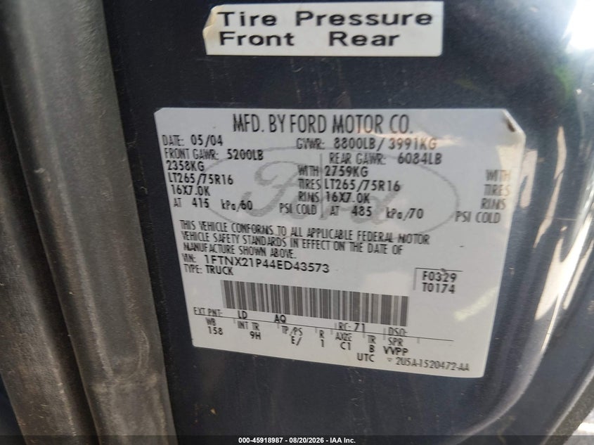 FORD F-250 2004 VIN 1FTNX21P44ED43573