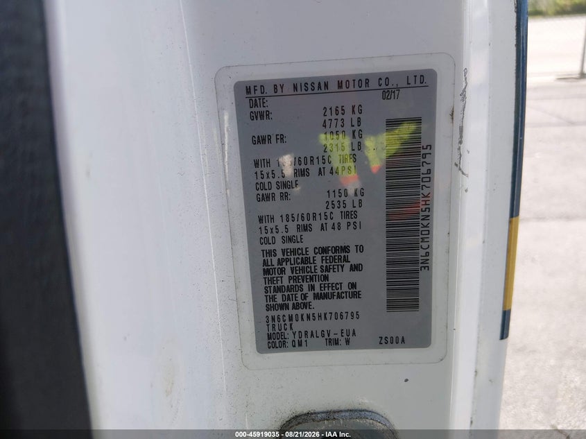 NISSAN NV200 2017 VIN 3N6CM0KN5HK706795