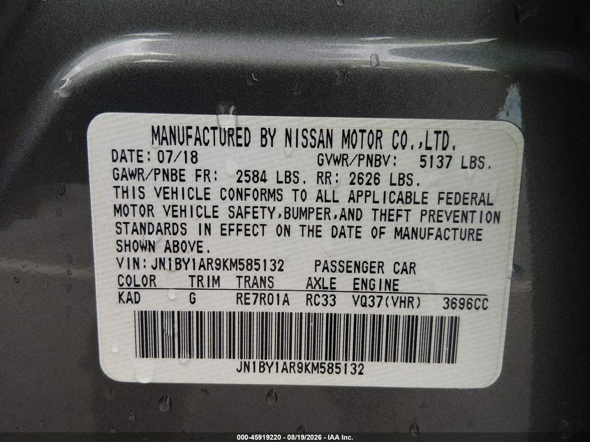 INFINITI Q70 2019 VIN JN1BY1AR9KM585132