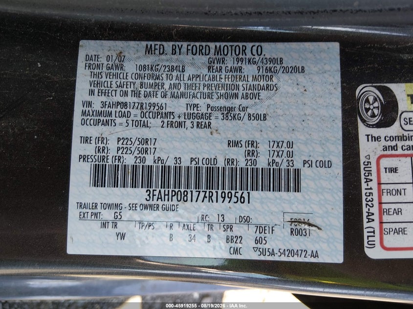 FORD FUSION 2007 VIN 3FAHP08177R199561