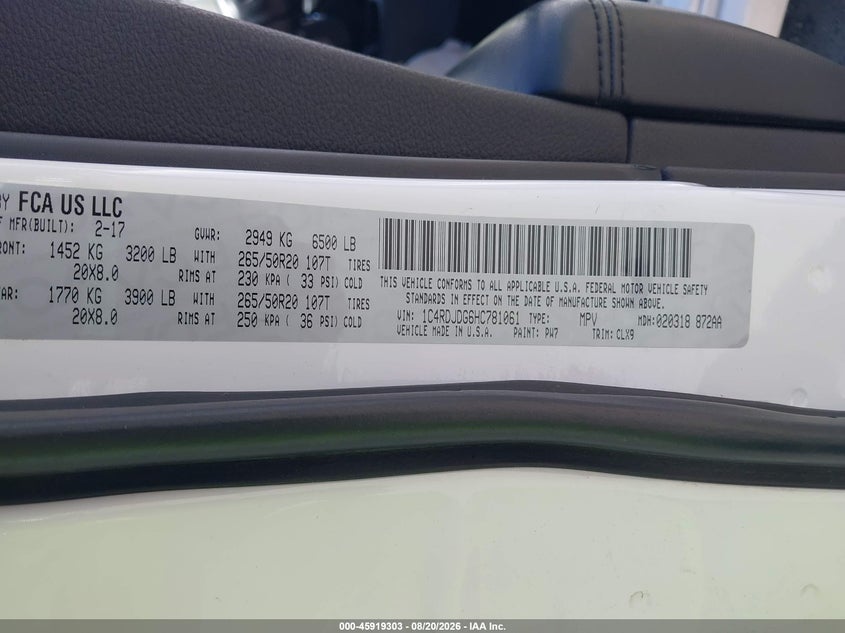 DODGE DURANGO 2017 VIN 1C4RDJDG6HC781061