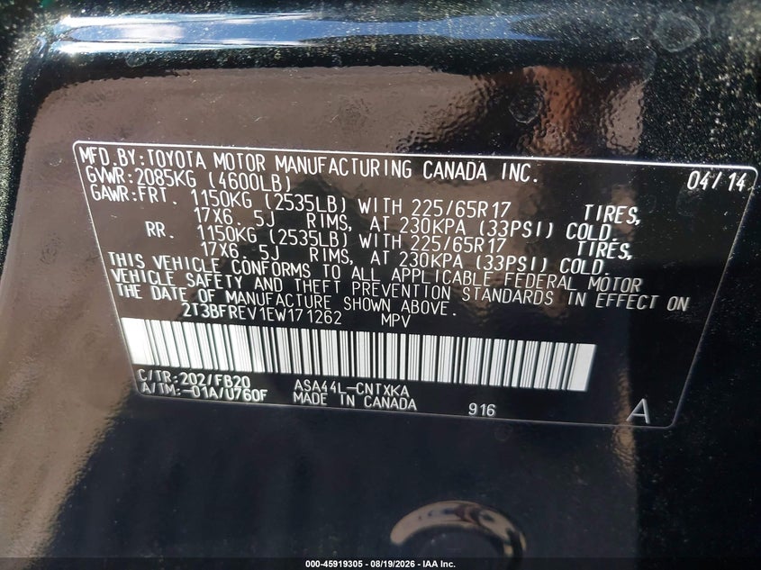 TOYOTA RAV4 2014 VIN 2T3BFREV1EW171262