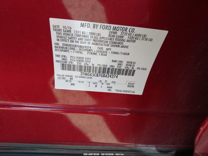 FORD FLEX 2016 VIN 2FMGK5C87GBA24274
