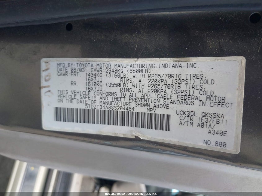 TOYOTA SEQUOIA 2003 VIN 5TDZT34A83S204484