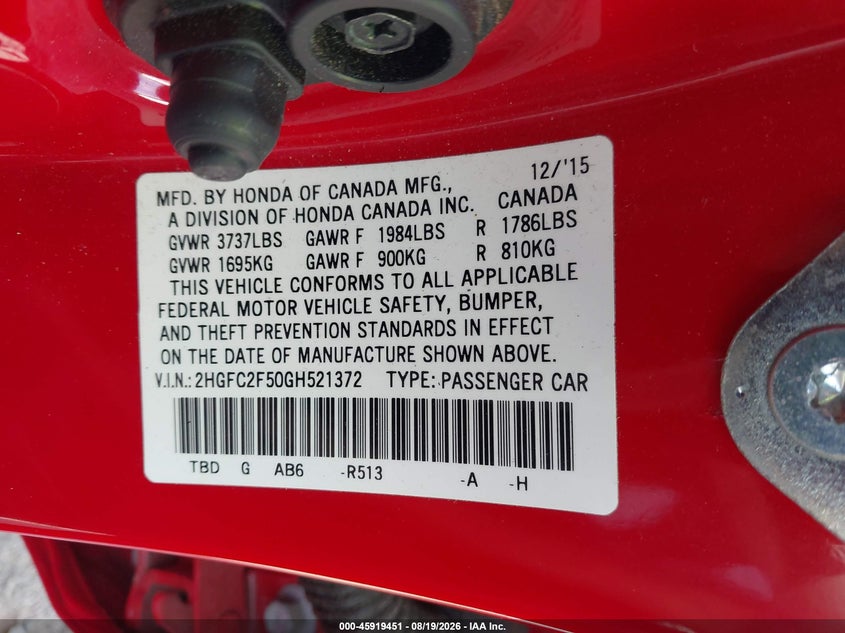 HONDA CIVIC 2016 VIN 2HGFC2F50GH521372