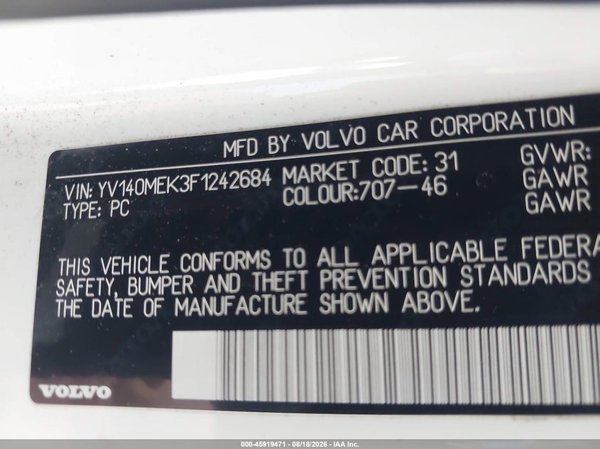 2015 VOLVO V60 WAGON 2.0L I-4 DI, DOHC, VVT, TURBO, 240HP