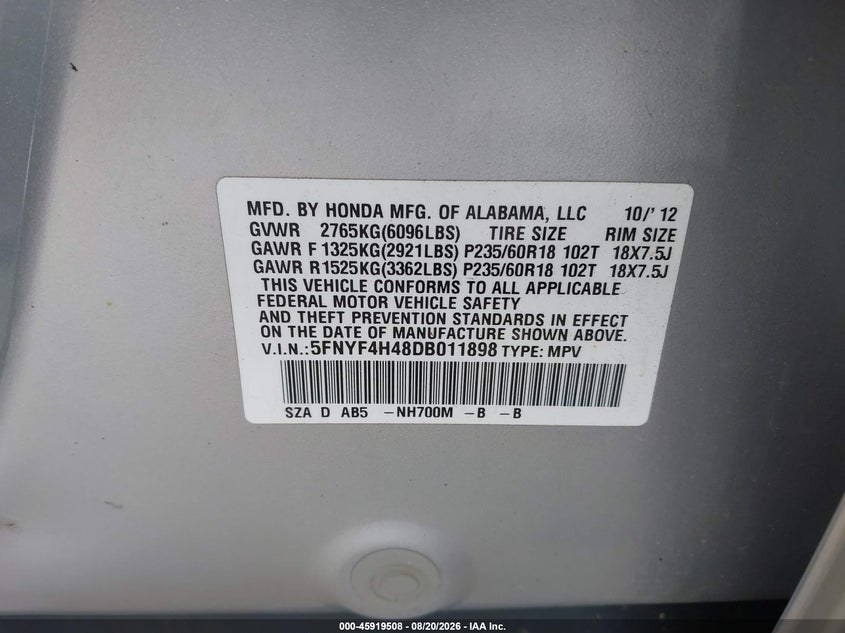 HONDA PILOT 2013 VIN 5FNYF4H48DB011898