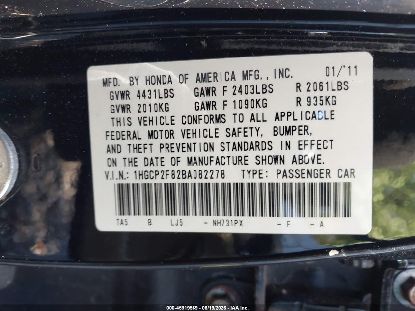 HONDA ACCORD 2011 VIN 1HGCP2F82BA082278