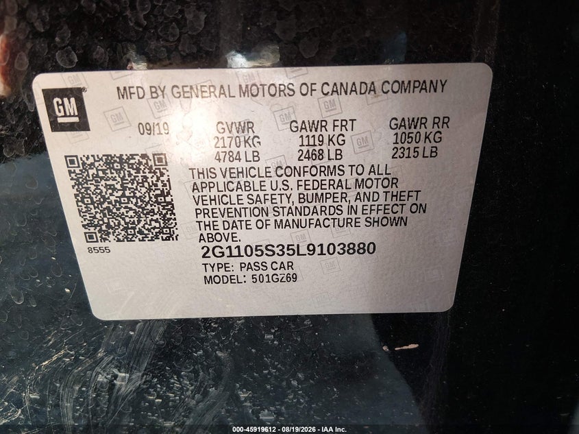 CHEVROLET IMPALA 2020 VIN 2G1105S35L9103880